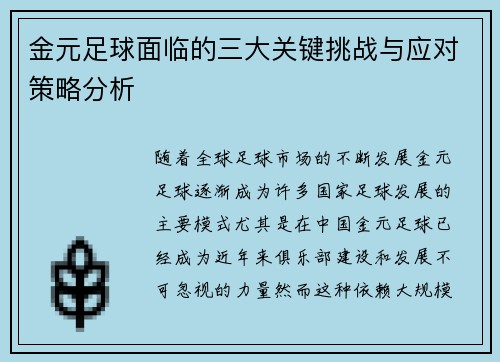 金元足球面临的三大关键挑战与应对策略分析