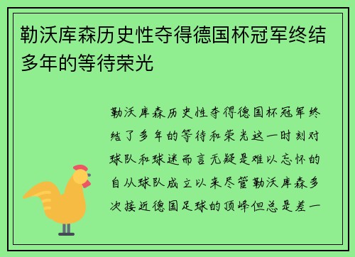 勒沃库森历史性夺得德国杯冠军终结多年的等待荣光